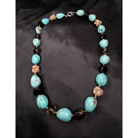 Handcrafted Turquoise Beaded Necklace With Brown Accents & Sterling Silver Clasp - Picture 4 of 5